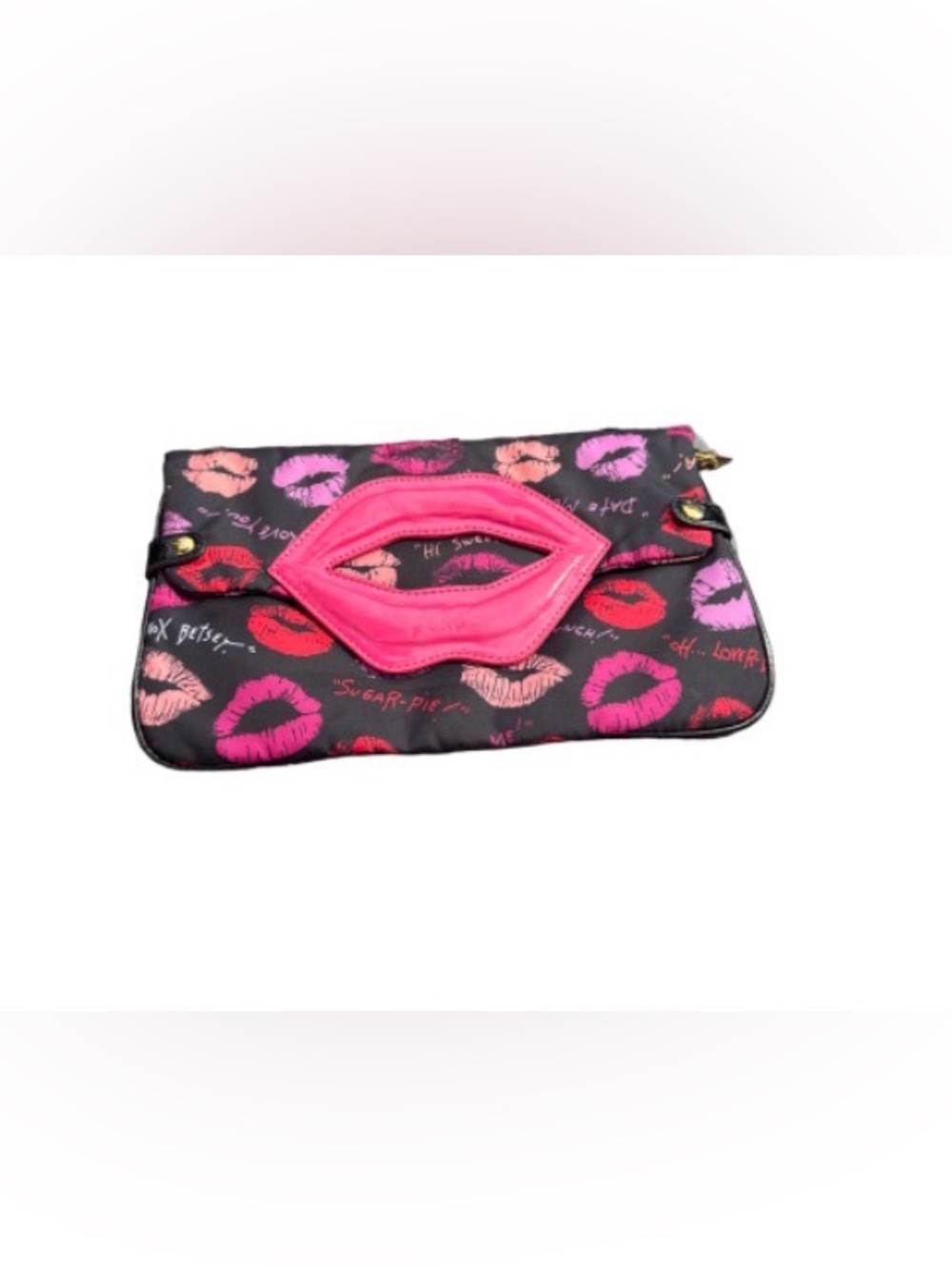 Betsey Johnson Lip-Print Foldover Clutch with Pink Lip Handle